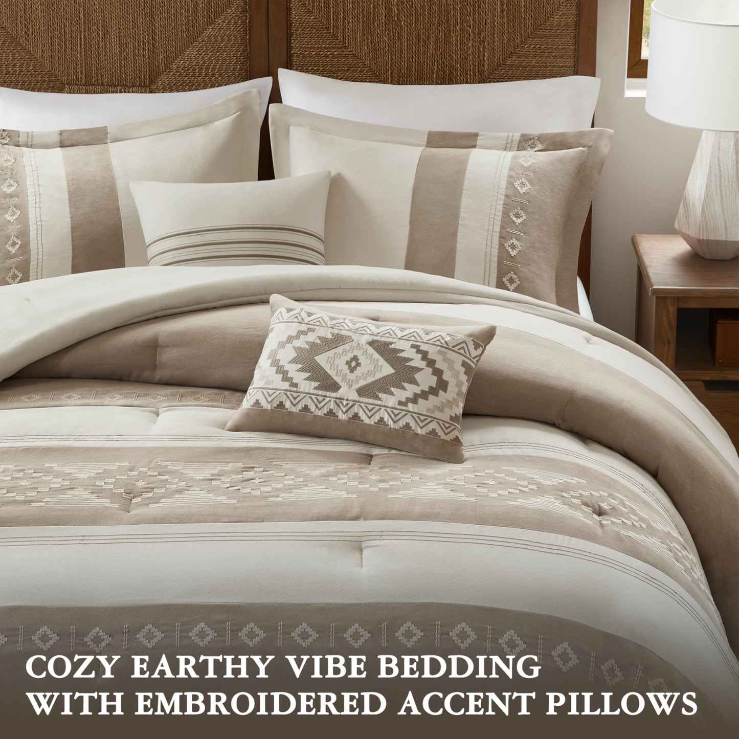 Woolrich Queen Comforter Set – Sutherland 5-Piece Microsuede Embroidered Bedding Set with Decorative Pillows, Taupe
