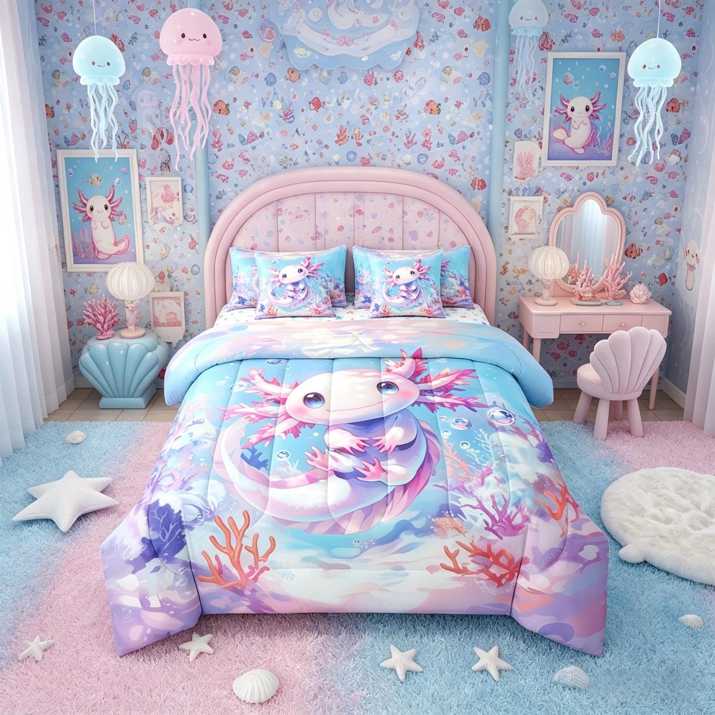 Erosebridal 7 Pieces Teen Girl Axolotl Bedding Set Queen Size - Kids Cute Axolotl Comforter Set with Sheets Cartoon Ocean Sealife Bed in A Bag with Flat Fitted Sheets Kawaii Salamander Bed Sets
