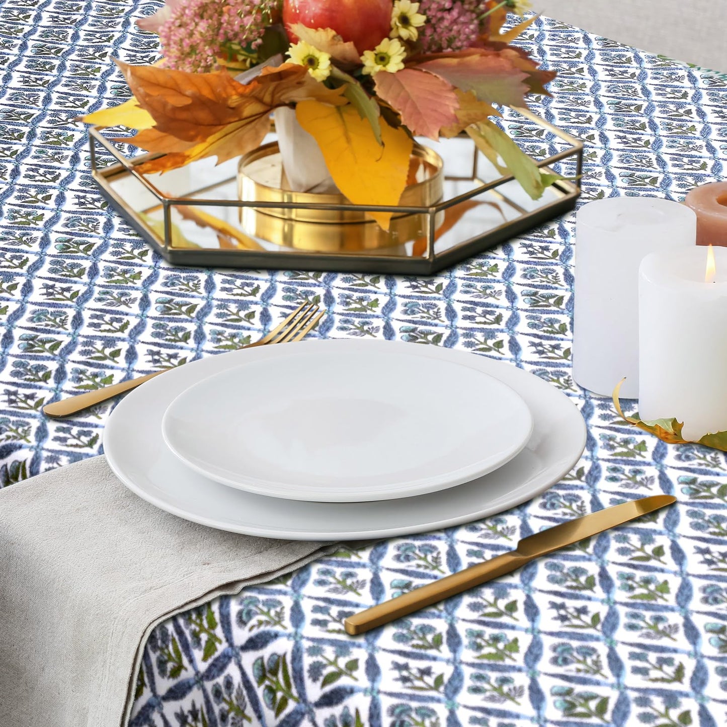 Newtay 60'' x 90'' Cotton Tablecloth Handmade Cotton Floral Tablecloth Washable Print Rectangle Table Cover with Dust Proof Wrinkle Resistant for Kitchen Dining Party Buffe(Light Steel, Blue)