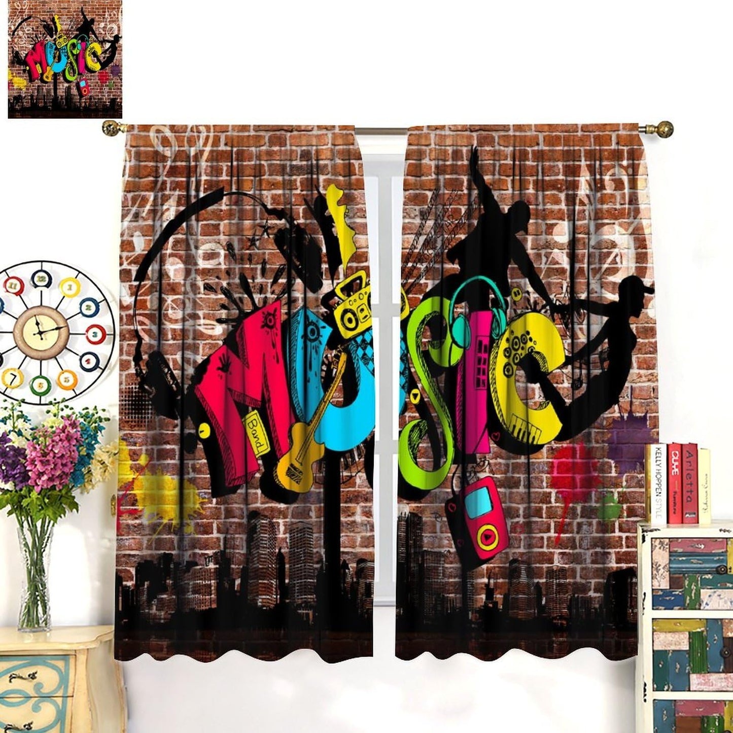 wlsgdsg Music Curtains for Kids Retro Country Upbeat Music with Dancing Notes On The Staff Print for Boys Girls Bedroom Living Room Bathroom 42x44.5In（No Blackout）