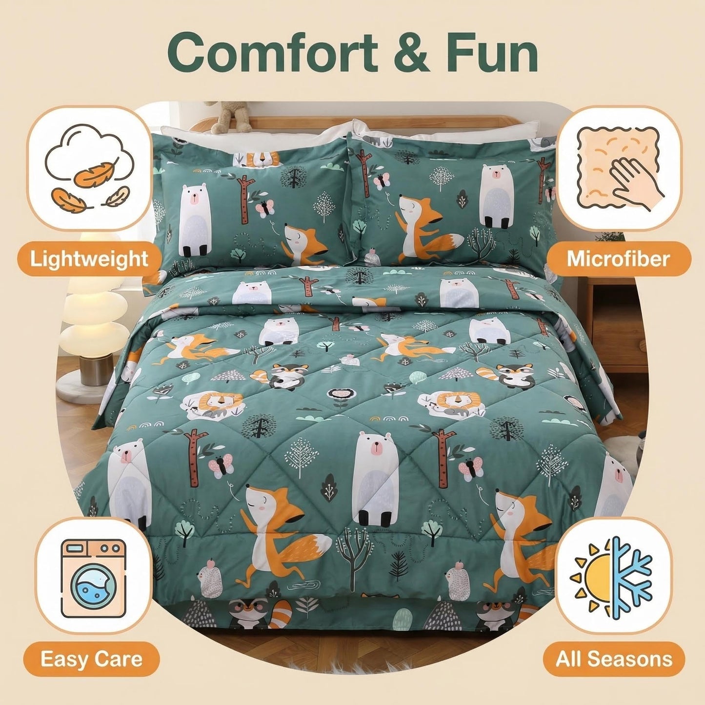 JSD Green Forest Animals Kids Comforter Set Twin Size, 2 Piece Woodland Printed Microfiber Bedding Set, Machine Washable