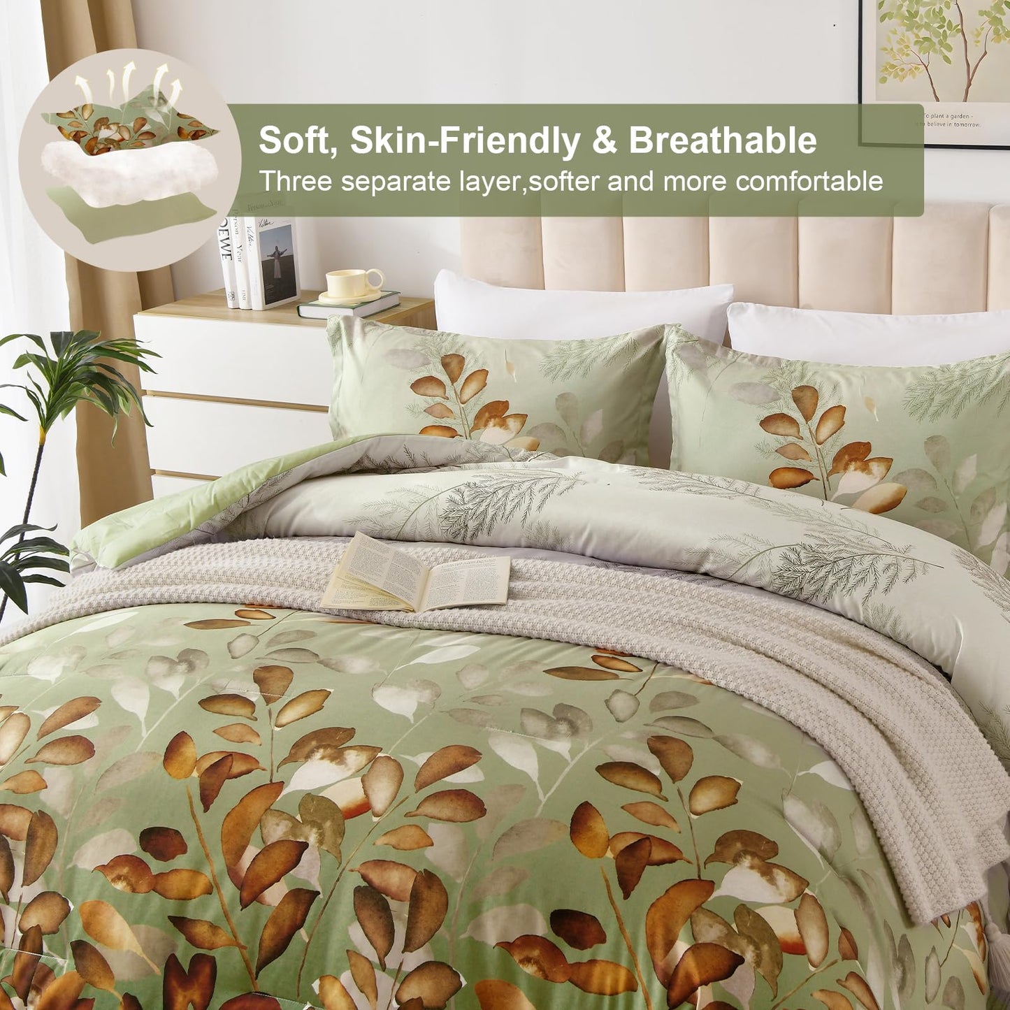 DJY King Size Comforter Set, Green Brown Botanical Leaves Comforter Set King, 3 Pieces Reversible Brown Floral Bed Comforter Sets Soft Microfiber Bedding Comforter Set for All Season (104"x90")