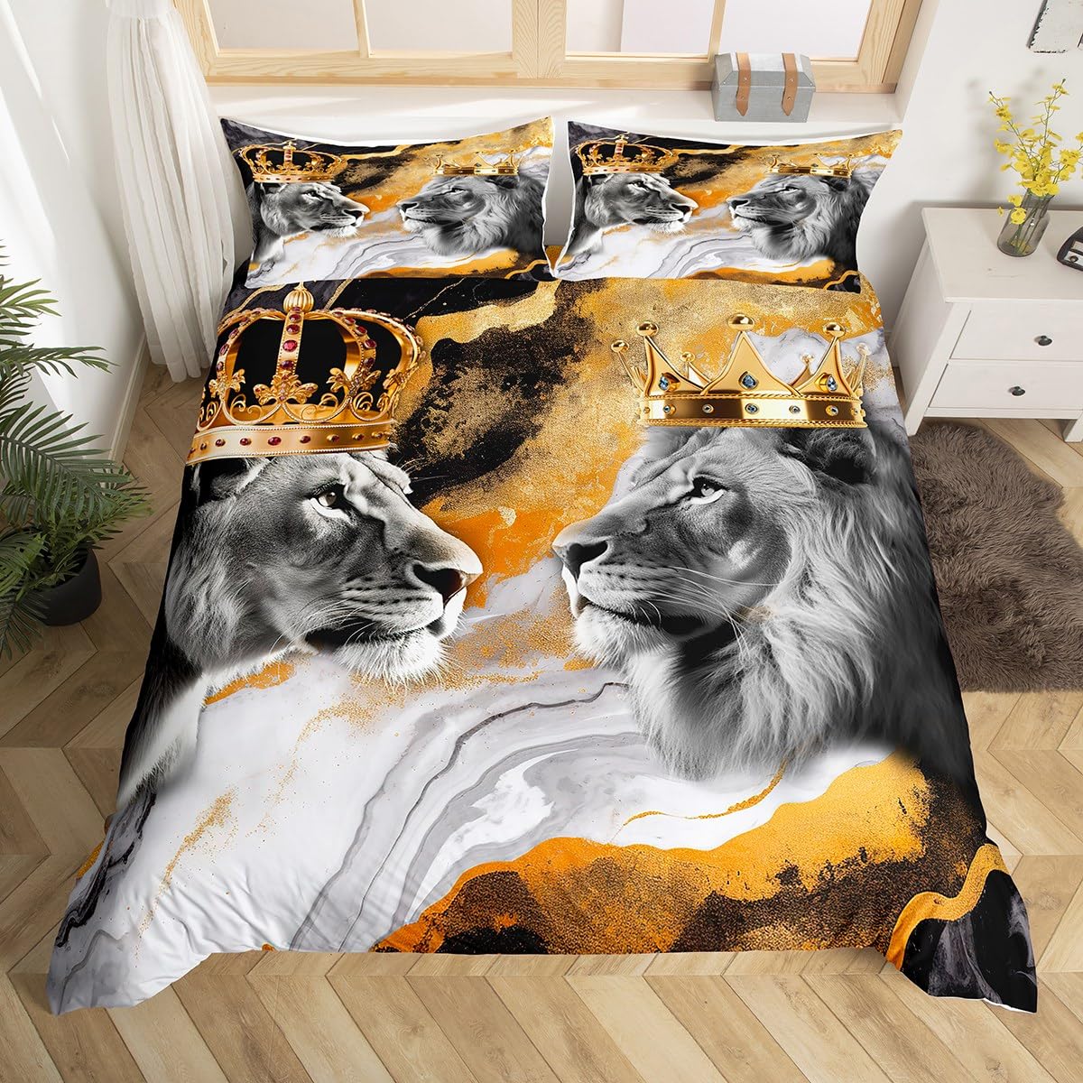 Homewish Lion Couple Duvet Cover Set Full Size,African Tropical Wild Animal Comforter Cover with 2 Pillowcases,Crown Decor Gold Black Marble Print Breathable Bedspread for Boys Teens