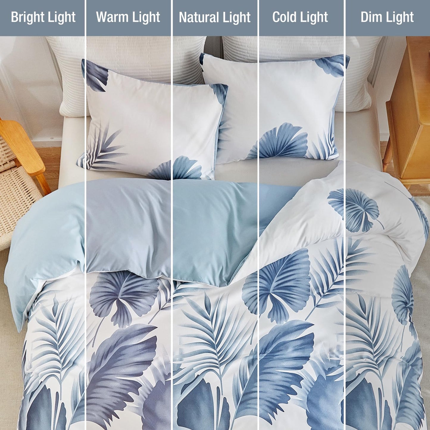 Lekesky Queen Duvet Cover Set, Tropical Blue Palm Pattern Duvet Cover Queen Size, 3 Pieces White Bedding Sets with Zipper, Ultra Soft Microfiber Reversible Floral Queen Size Comforter Cover