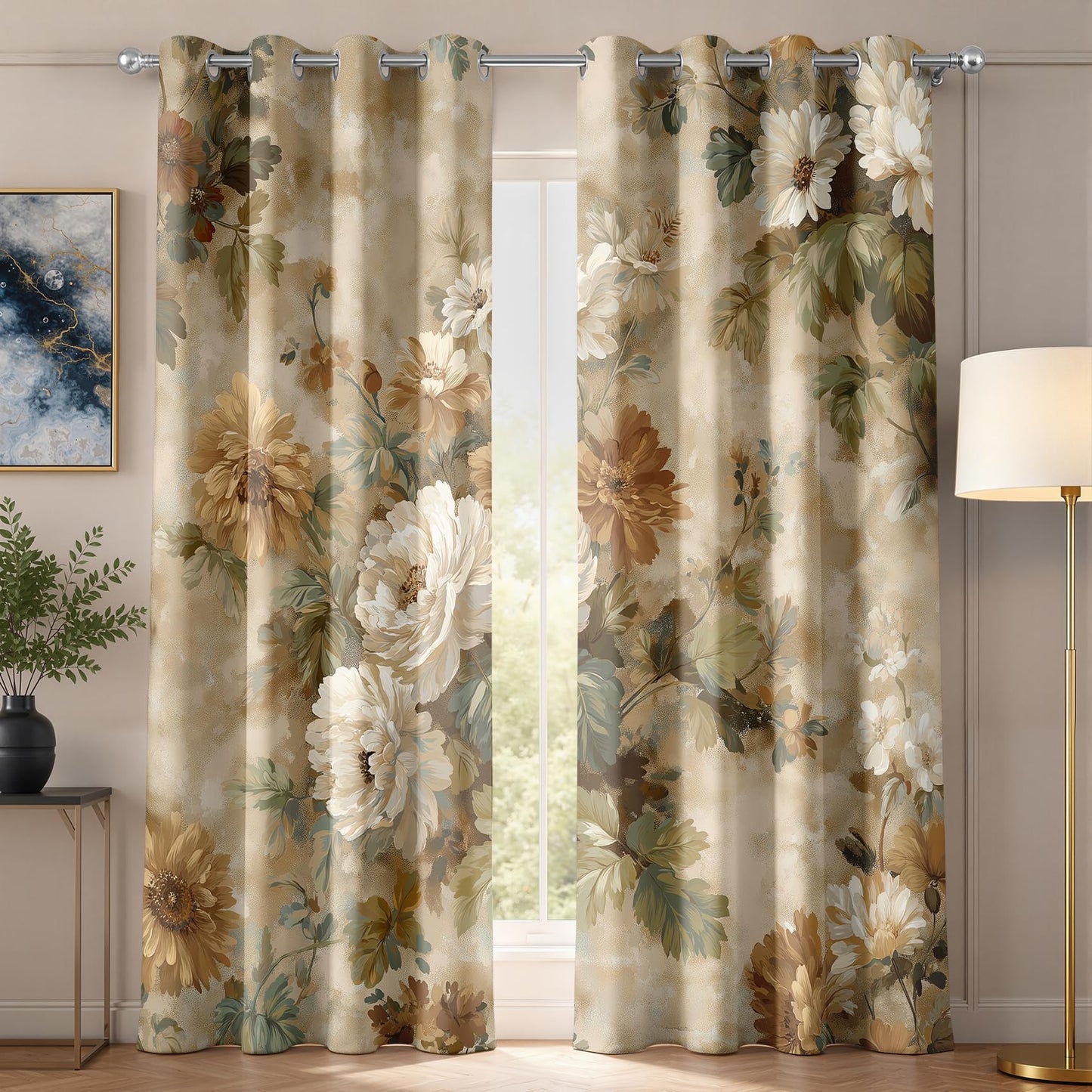 Vintage Floral Patterned Curtains Blackout, Thermal Insulated Room Darkening Grommet Drapes for Bedroom Living Room, 108 Inch Curtains 2 Panel Set, Distressed Peony Flower Shabby Chic Treatments