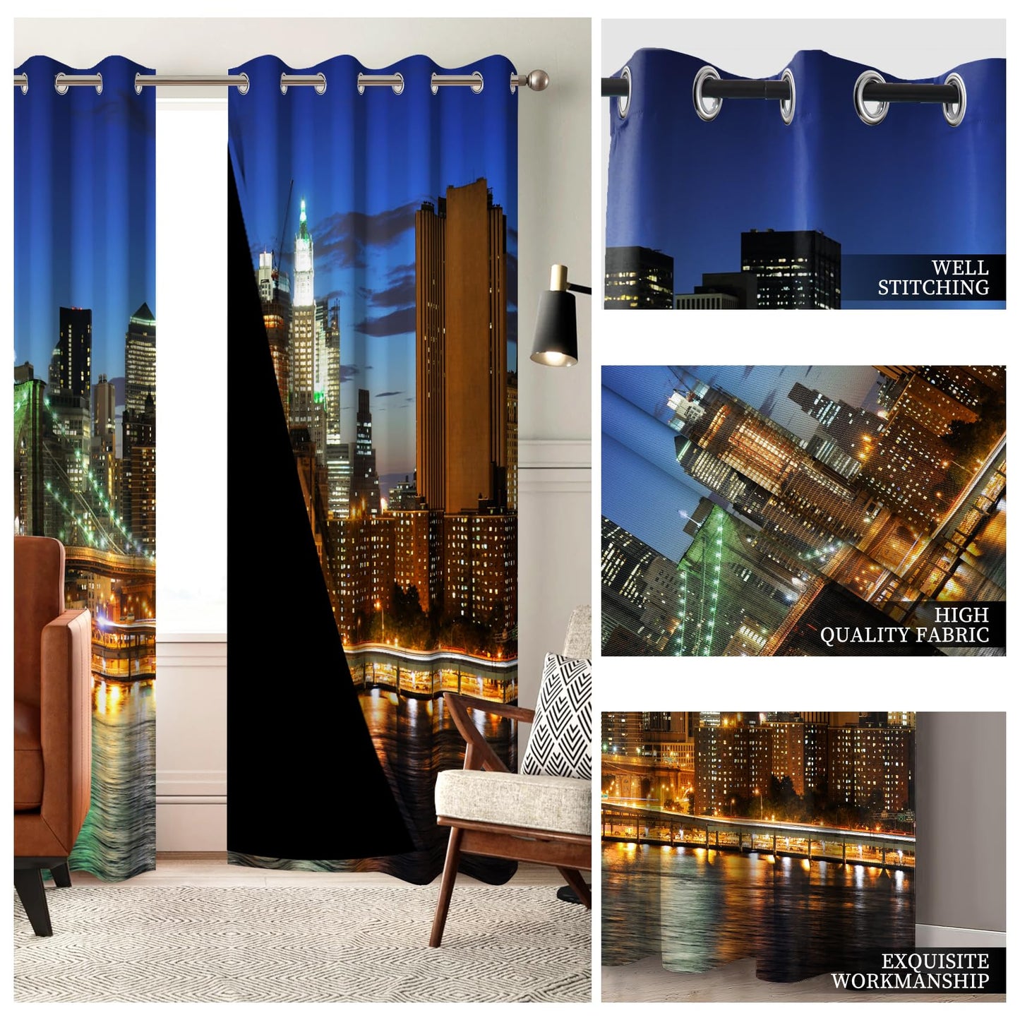 AOFOTO New York City Blackout Window Curtains, Brooklyn Bridge Night Scene Skyscraper Urban Light Long Bedroom Curtains Manhattan Skyline Decorative Grommet Top Window Panels 42x63 Inches, 2 Panels