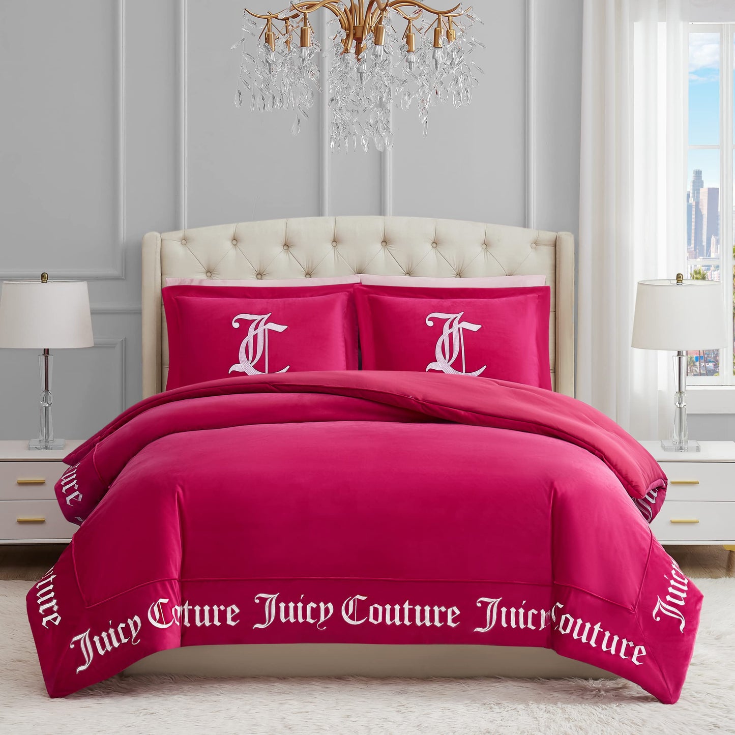 Juicy Couture - Comforter Set - Gothic Design Bedding - King - 3 Piece Set Includes (1) 108" x 92" Comforter and (2) 20" x 36" Shams - Wrinkle Resistant - Premium Bedroom Decor - Hot Pink