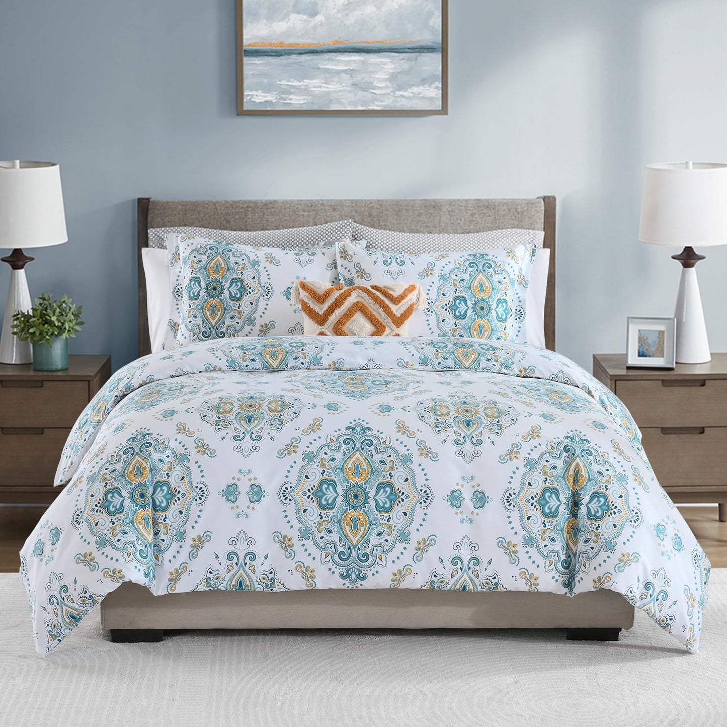 CozyDH Cotton Duvet Cover King Size - 100% Cotton 400TC Blue White Damask Paisley Floral Pattern Duvet Cover Set, Ultra Soft Lightweight Farmhouse Bedding Set 3pcs (King, 104x90, No Comforter)