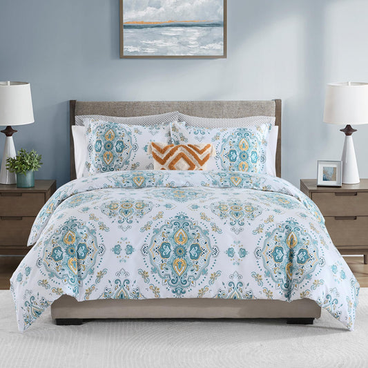 CozyDH Cotton Duvet Cover King Size - 100% Cotton 400TC Blue White Damask Paisley Floral Pattern Duvet Cover Set, Ultra Soft Lightweight Farmhouse Bedding Set 3pcs (King, 104x90, No Comforter)
