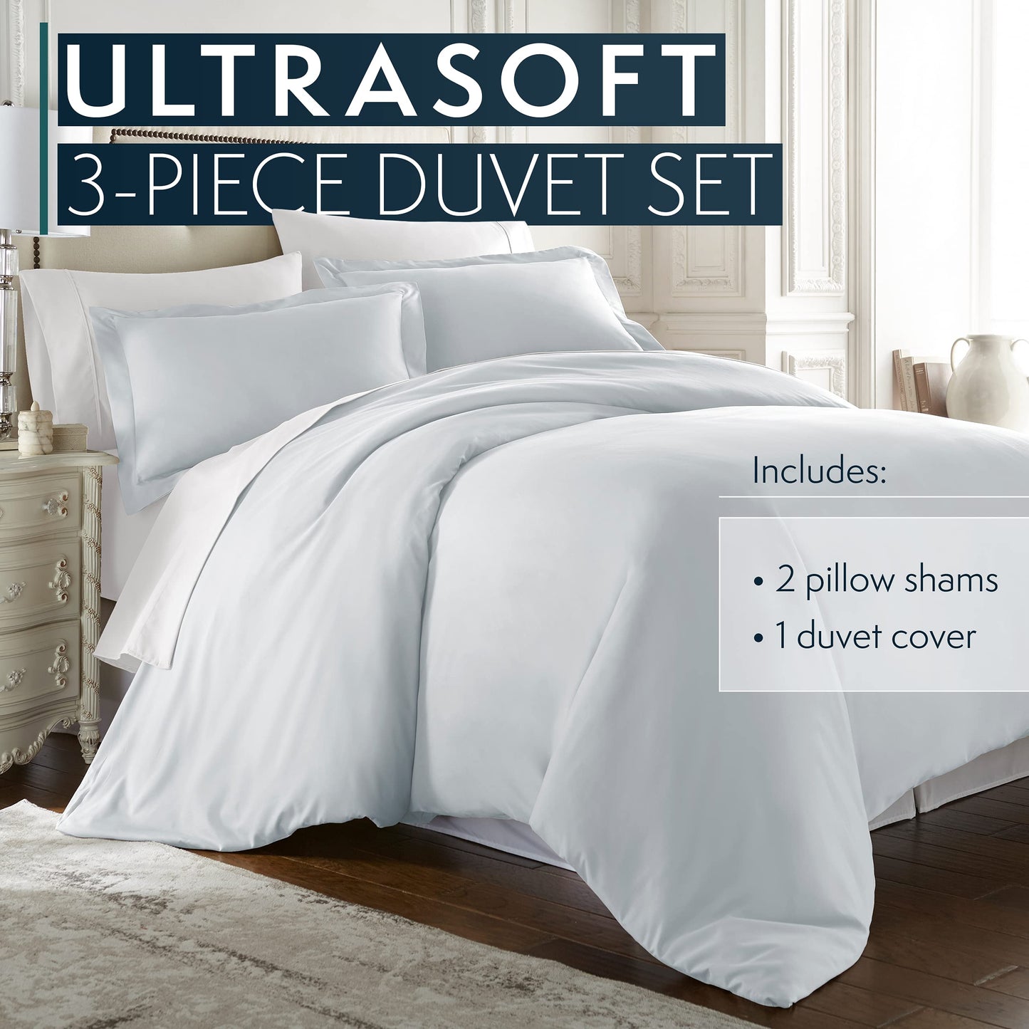HC Collection Duvet Cover - Ice Blue Queen Size Duvet Cover - 3 Piece Soft Breathable Microfiber Duvet Cover Set with Zipper Closure & 2 Pillow Shams