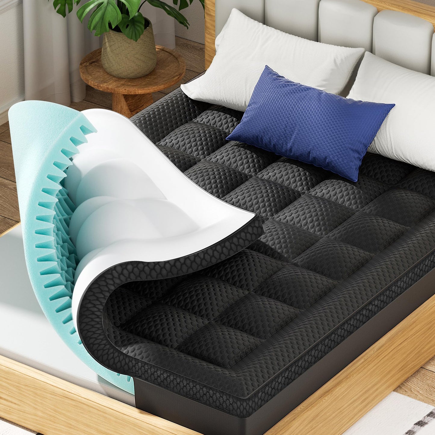 BEDELITE Dual Layer 4 Inch King Size Memory Foam Mattress Topper, 2 Inch Soft Pillow Top Mattress Pad Cover and 2 Inch Gel Memory Foam for Pressure Relief, 2-in-1 Design for Comfort & Support (Black)