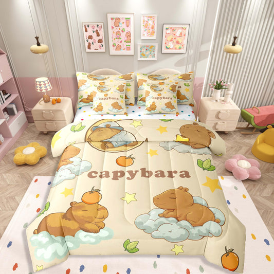 Capybara Dreams Queen Comforter Set Stars Cute Animal Bed in a Bag with Flat and Fitted Sheet for Kids Boys Girls Cute Capybara 7-Piece Bedding Set Dreamy Fantasy Cloud Animal Quilt Duvet Sets