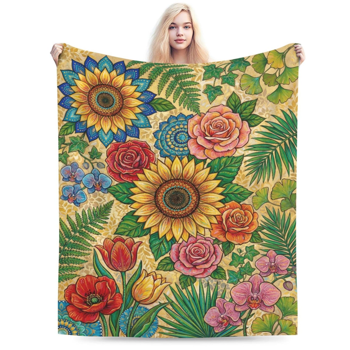 Gbuzozie Sunflowers Flowers Fleece Blanket Lightweight Ultra-Soft Botanic Floral Pattern Throw Blanket for Sofa Couch Bed Camping Travel - Super Soft Cozy Microfiber Blanket 50"X40"