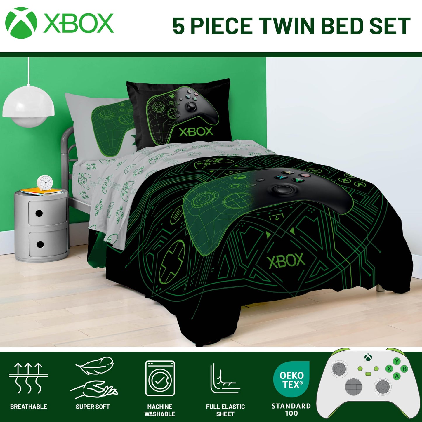 Jay Franco Kids Comforter Set Includes Sheets and Pillow Covers - Soft and Cozy Bed Set for Stylish Room Decor, Official Licensed Product, White - Xbox, 5 Piece Twin
