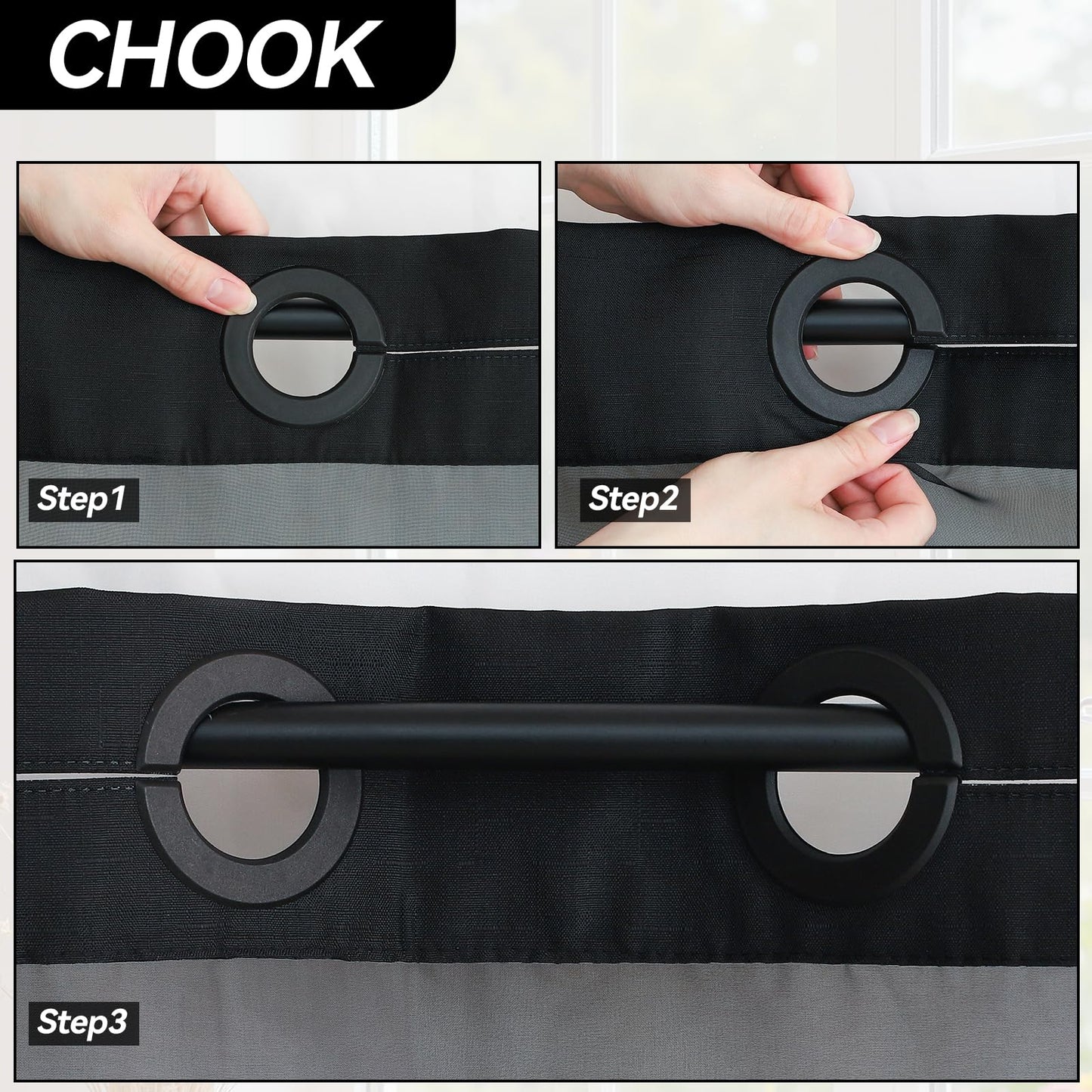 Blotixn No Hook Slub Textured Shower Curtain with Snap in Fabric Liner, Modern Hotel Style with See Through Top Window, Black Fabric Outer Curtain & Waterproof Inner Liner, 72 * 75 in