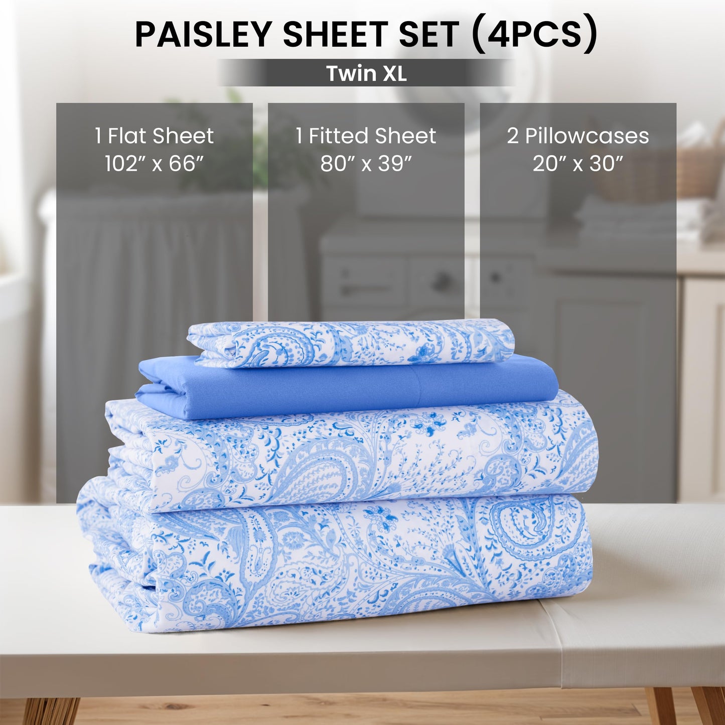 Ultra Soft Wrinkle-Free Microfiber Paisley Twin XL Sheet Set, Cute Floral Pattern Boho Print – 16" Deep Pocket Fitted Sheet, Flat Sheet & 2 Pillowcases, Breathable, OEKO-TEX - White/Blue