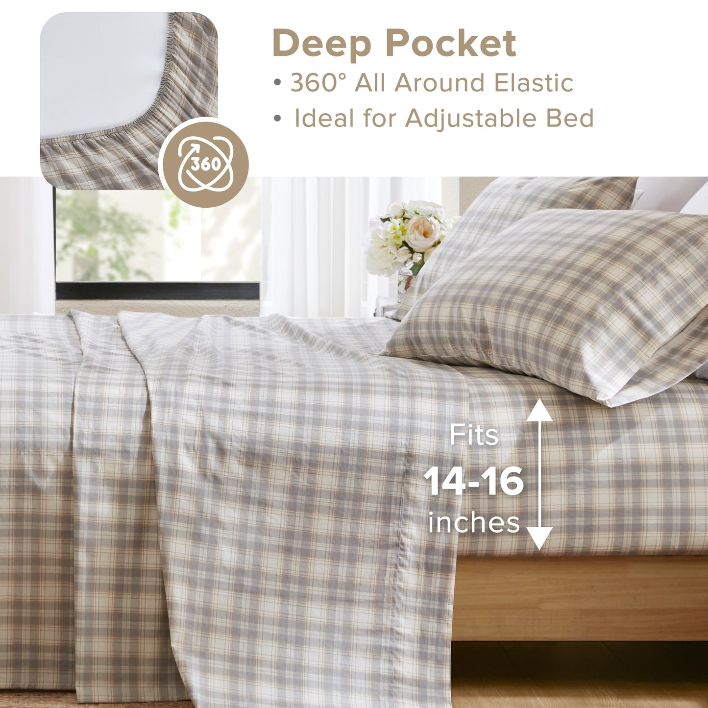 Comfort Spaces 100% Cotton Sheets Cal King, Breathable, Naturally Cool Cotton Sheets, Cotton Bed Sheets with 14" Elastic Pocket Fits up to 16" Mattress, All Seasons Sheet Set, Wesley Taupe 4 Piece