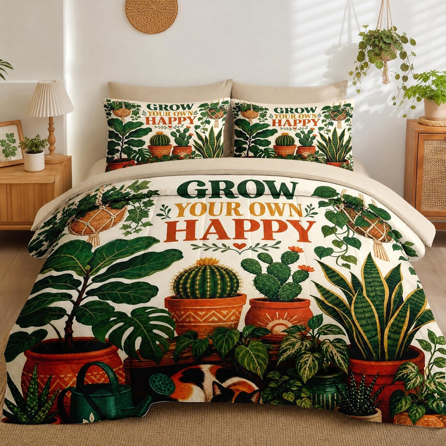 Boewywh Comforter Set Twin Size Plant Cat Retro 7 Pcs, Bedding for Kids and Adults, Bed Sheet Sets with Fitted Sheet 2 Pillowcases & 2 Shams for Bedroom Bed Decor