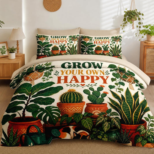 Boewywh Comforter Set Twin Size Plant Cat Retro 7 Pcs, Bedding for Kids and Adults, Bed Sheet Sets with Fitted Sheet 2 Pillowcases & 2 Shams for Bedroom Bed Decor