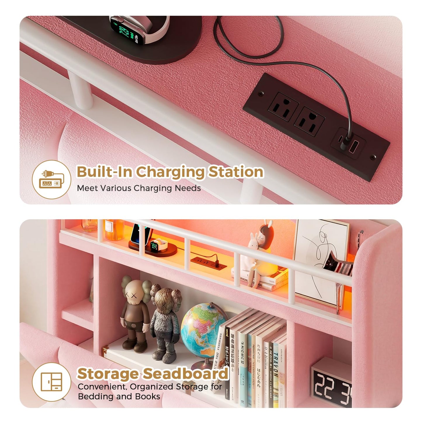Pink Twin Size LED Bed Frame with Storage Headboard, Upholstered Velvet Princess Bed for Girls with 5 Charging Ports (USB-C & AC), Hidden Privacy Compartment, Sturdy Aluminum Frame & 1 Silent Drawers