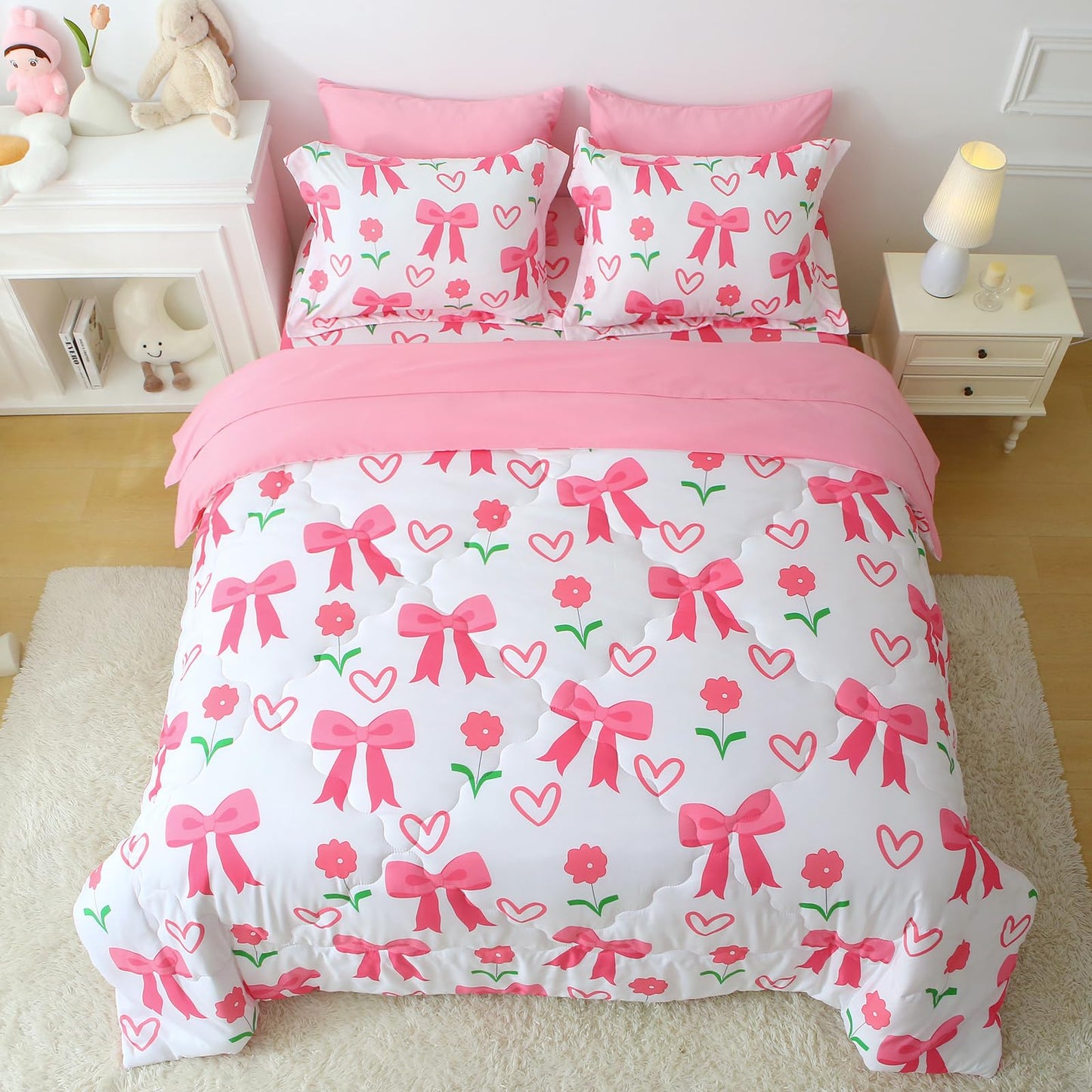 Jameswish Pink Bow Comforter 7 Pieces Comforter Set Full Size Pink Flower Bow Comforter for Girls Kids Romantic Princess Style Bow Tie Bedding Set Super Soft All Season