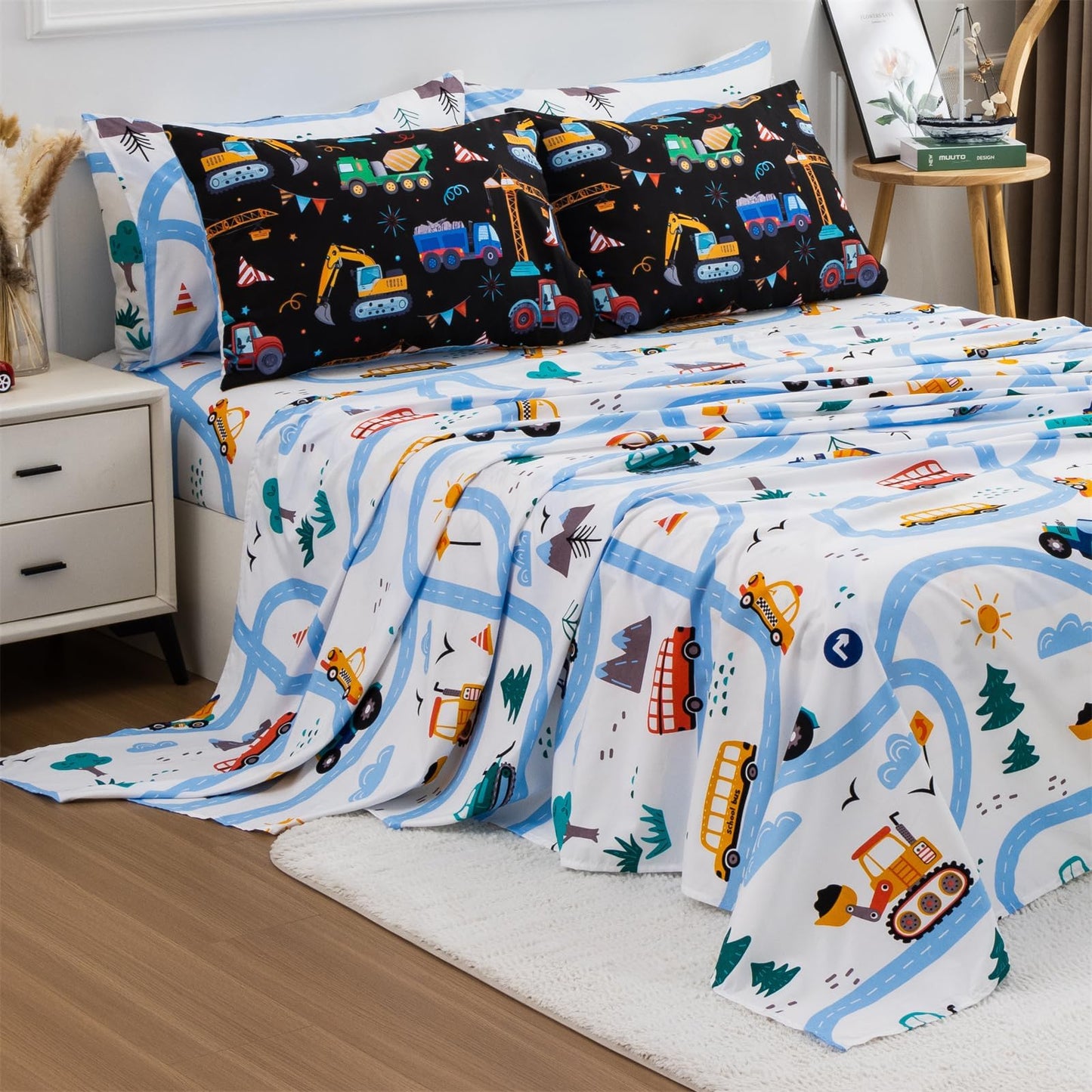 Holawakaka Trucks Tractors Cars Boy Bedding Comforter Set with Sheets, Twin Size Cartoon Construction Car Excavator Print Kids Bed in A Bag 5-Piece, Boys Reversible Dorm Bed Sets (Black Twin)