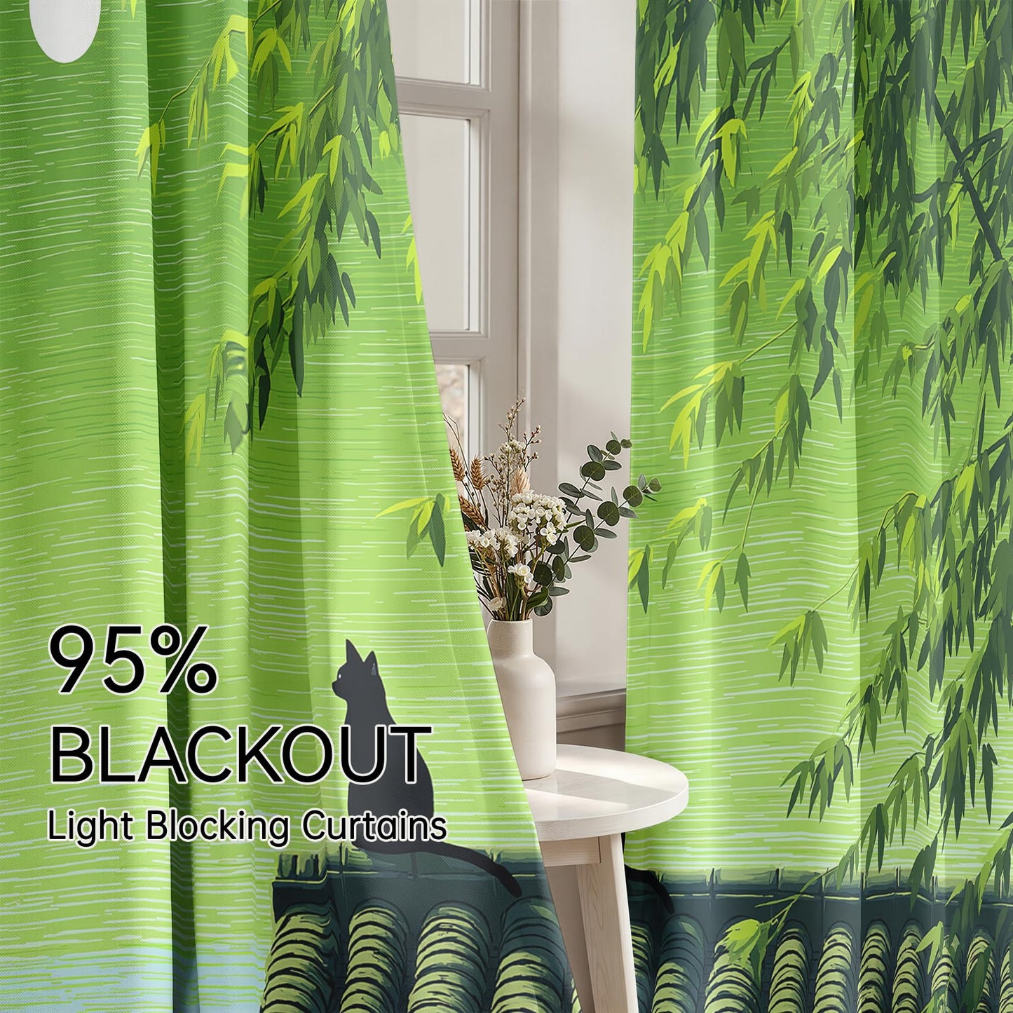 Mistwalk Black Cat Silhouette Blackout Curtains 63 Inches Long, Patterned Curtains for Bedroom & Living Room, Room Darkening Thermal Insulated Grommet Drapes, Japanese Bamboo Forest Window Treatments