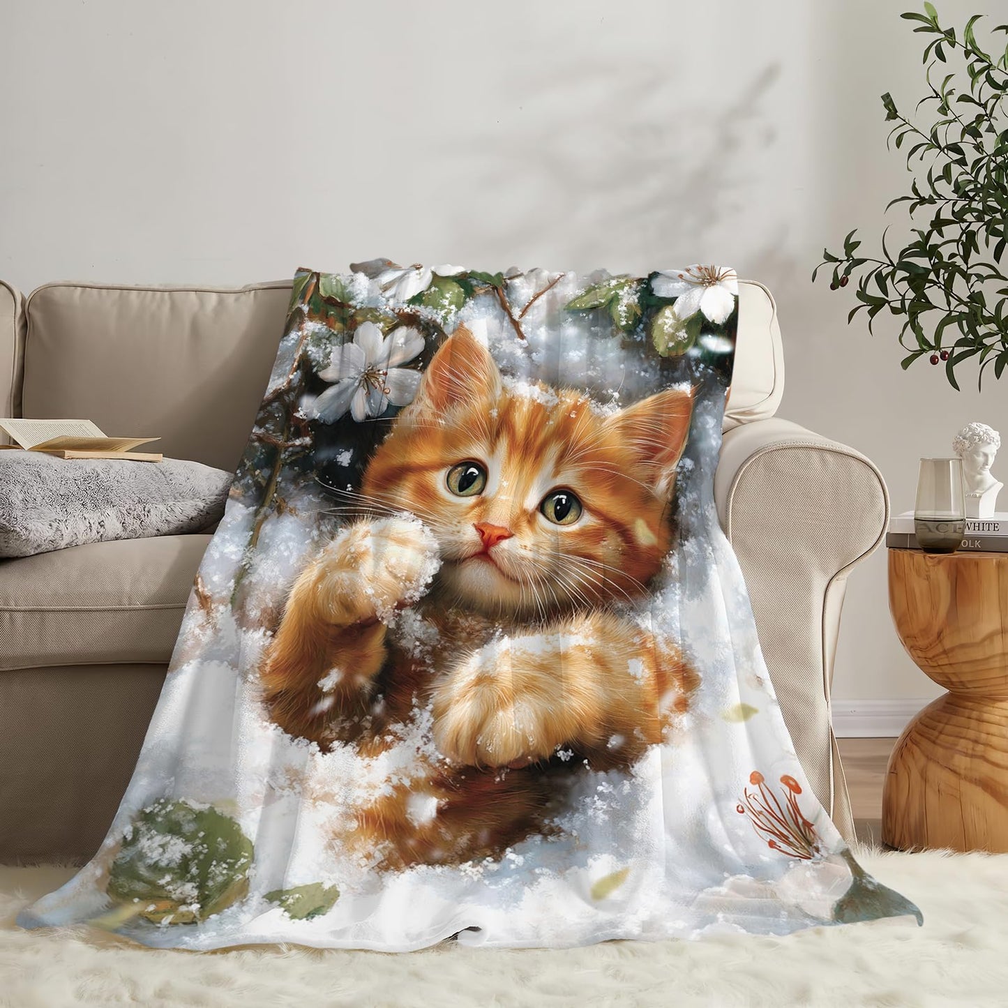 Cat Blanket Cute Kitten Winter Snowny Throw Blankets Soft Warm Cozy Fuzzy Plush Gifts for Girls Women Lightweight Fleece Flannel Stuff Decor Gift for Kids Adults Lover 50"X40"