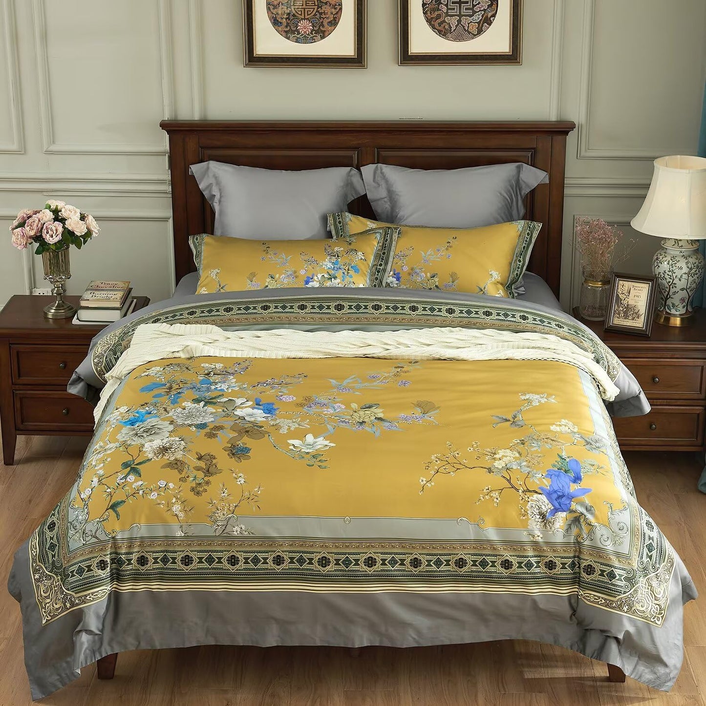 mixinni King Size Duvet Cover Set - 3PC Garden Style Long Staple Cotton Golden Floral Bedding, Chinoiserie Chic Botanical Print, Reversible Design, Zipper Closure, Soft & Breathable for Him & Her
