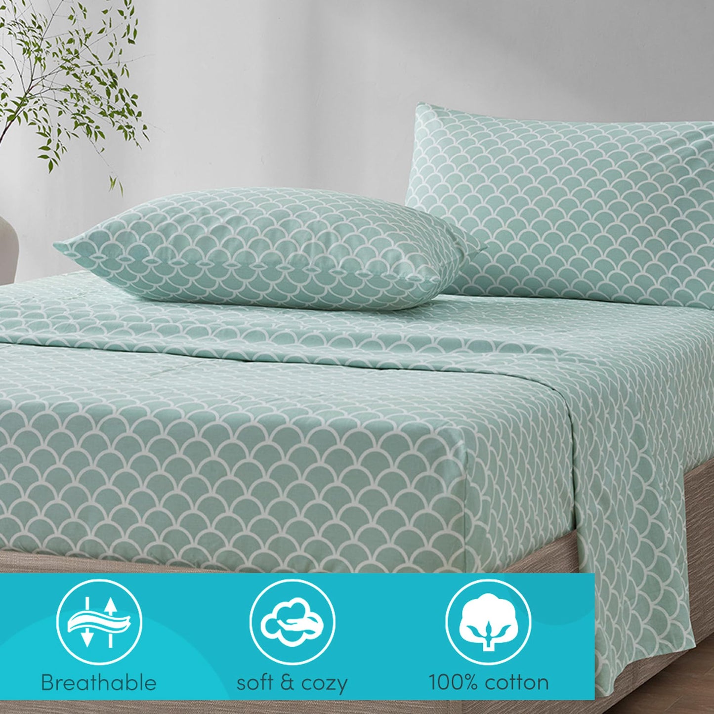 Comfort Spaces 100% Cotton Sheet Set Breathable, Lightweight, Soft with 14" Elastic Pocket Fits up to 16" Mattress, All Season Cozy Bedding, Matching Pillow Case, King Scales 4 Piece