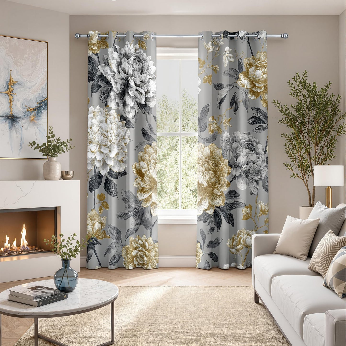 Peony Patterned Curtains Blackout, Thermal Insulated Room Darkening Grommet Drapes for Bedroom Living Room, 72 Inch Curtains 2 Panel Set, Luxury Vintage Farmhouse Grey Gold Peony Floral Treatments