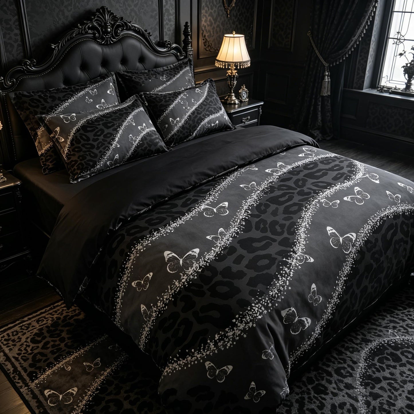 CCoutueChen Black Gothic Comforter Set Queen, Leopard Butterfly Bedding Set with 2 Pillowcases - 3 Pcs Soft Fluffy Breathable Microfiber Lightweight Comforter, 90"x90"