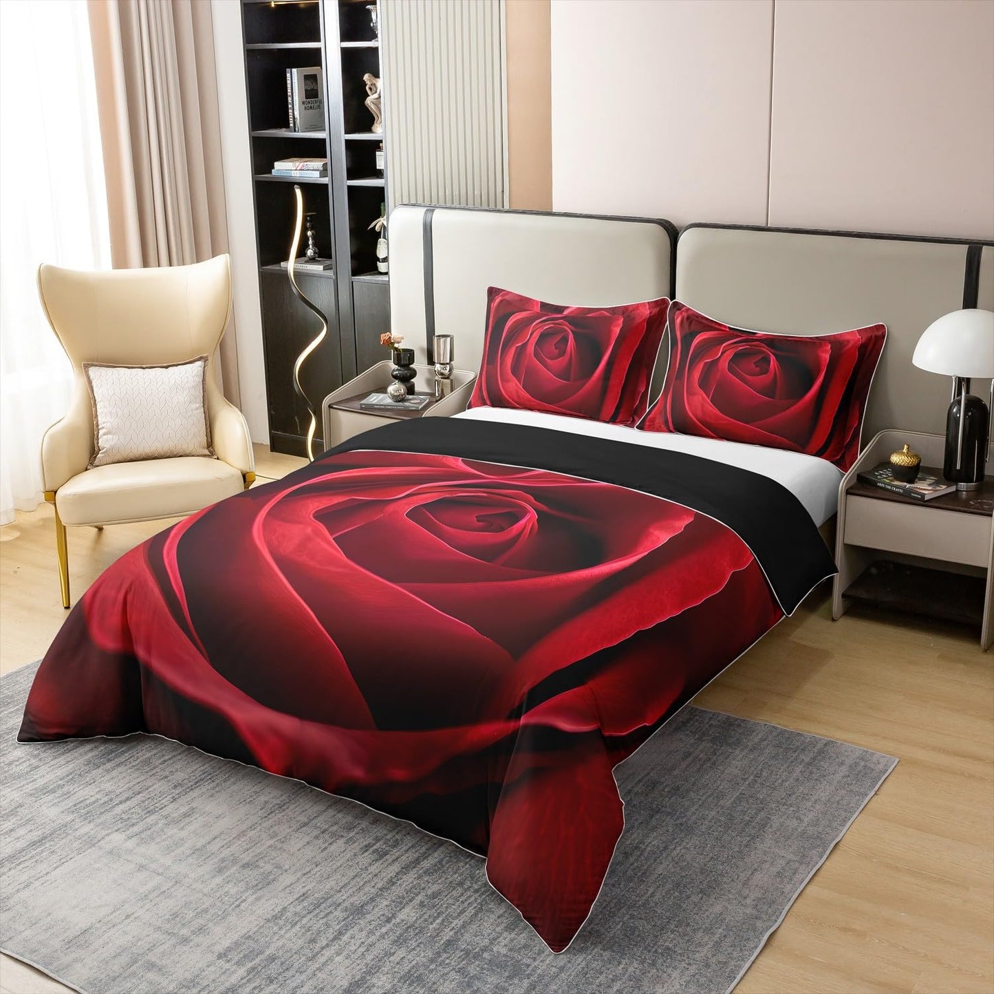 Erosebridal 100% Natural Cotton Rose Bedding Set Red Rose Comforter Cover Romantic Theme Duvet Cover Valentine's Day Print Bedspread Cover 1 Duvet Cover with 2 Pillow Cases Queen Size Red