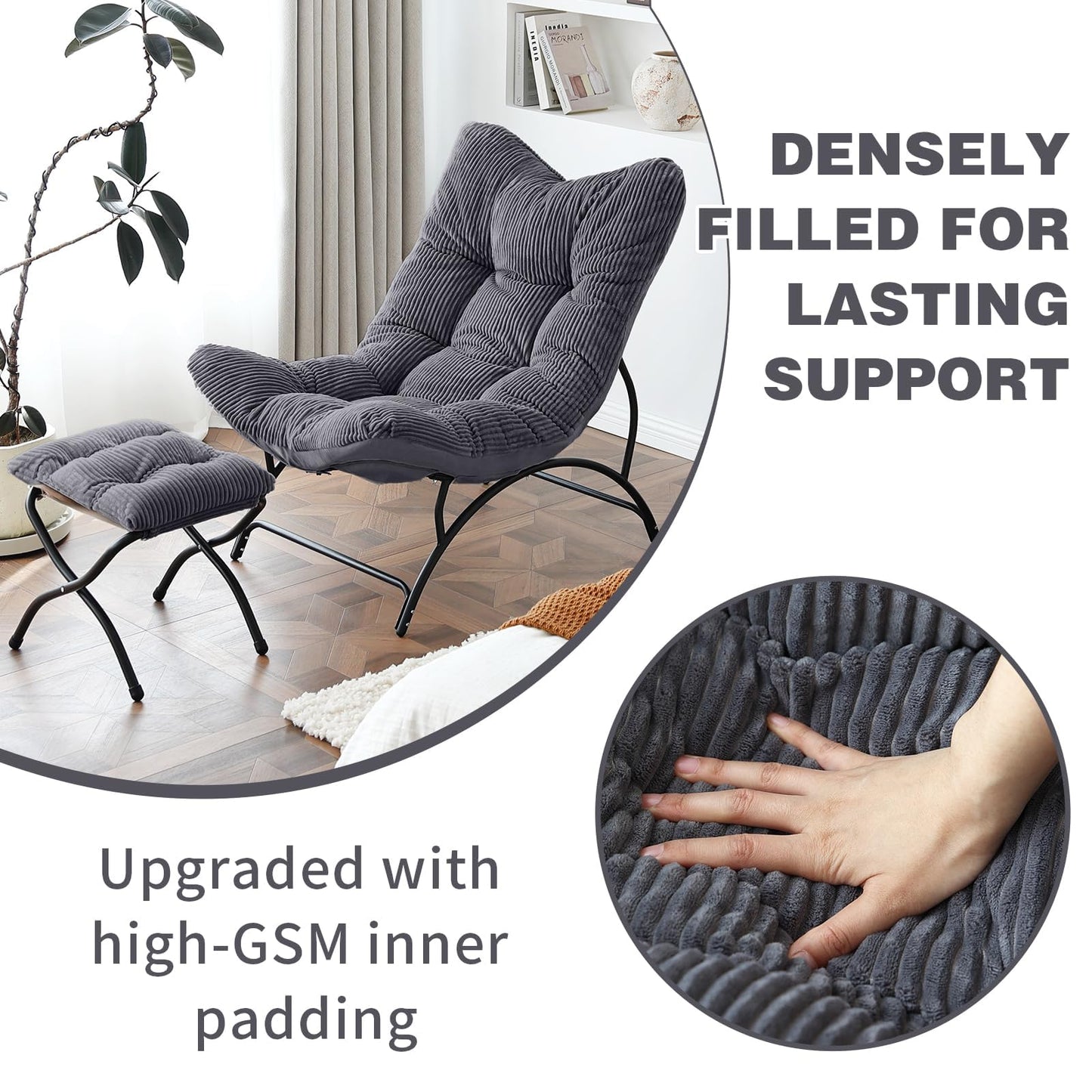 Welnow Modern Accent Chair with Ottoman, Upholstered Comfy Lounge Recliner Sofa, Thick Cushion Oversized Lazy Reading Chair with Footrest for Living Room, Bedroom, Apartment, Office, Dorm, Dark Grey