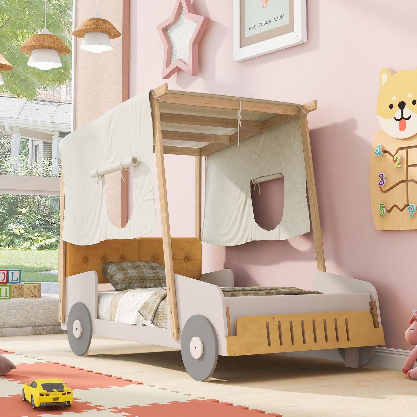 Harper & Bright Designs Twin Size Car Bed with Pillow, Ceiling Cloth, Twin Wooden Kids Playhouse Bed Frame, Wood Twin Platform Bed for Boys Girls Teens (Natural, Twin)