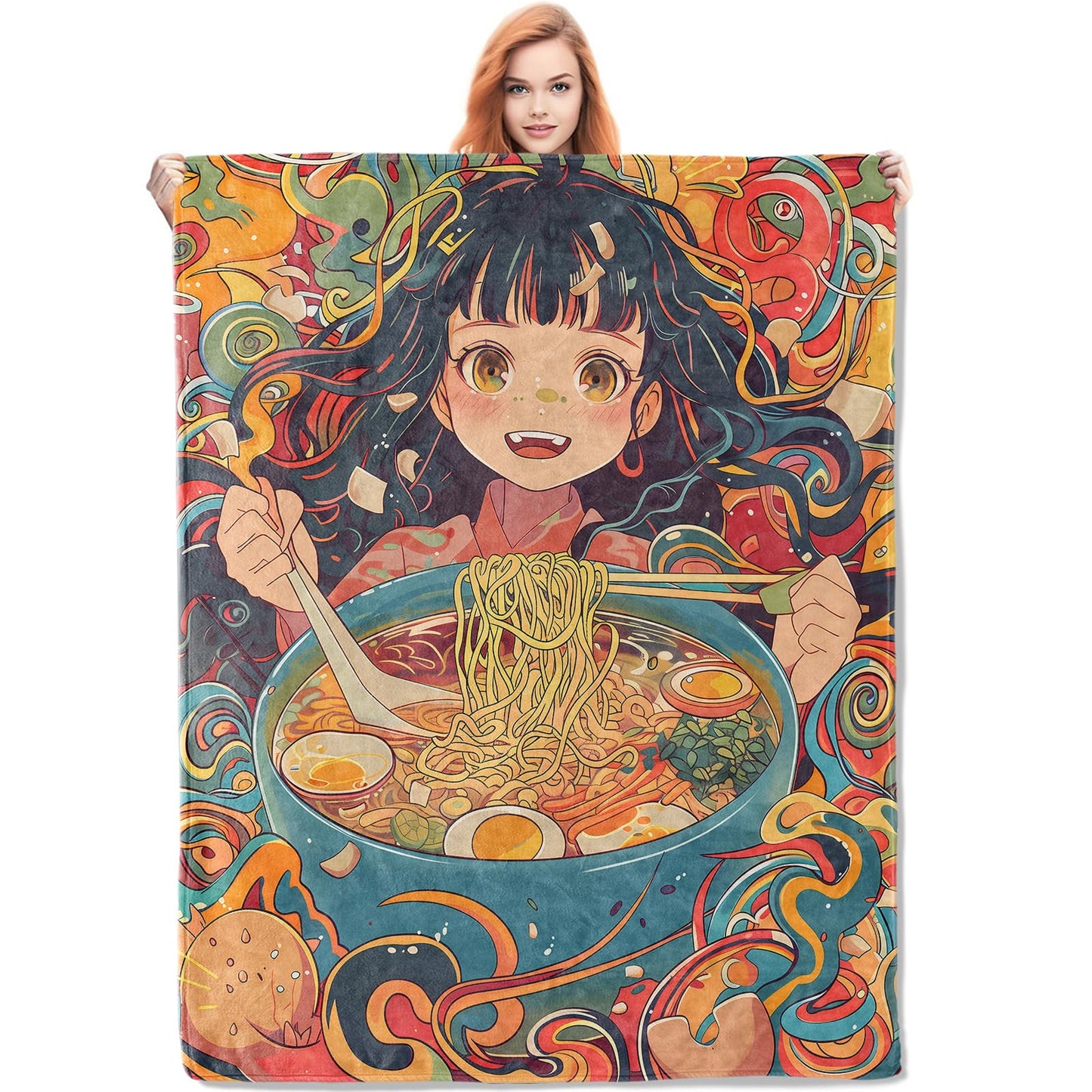 VANZEV Ramen Girl Blanket Gifts for Anime Fans Women, Anime and Foodie Flannel Blanket, Soft Warm Lightweight Throw Blankets for Bed Couch Home Travel Decor 50" x 60"