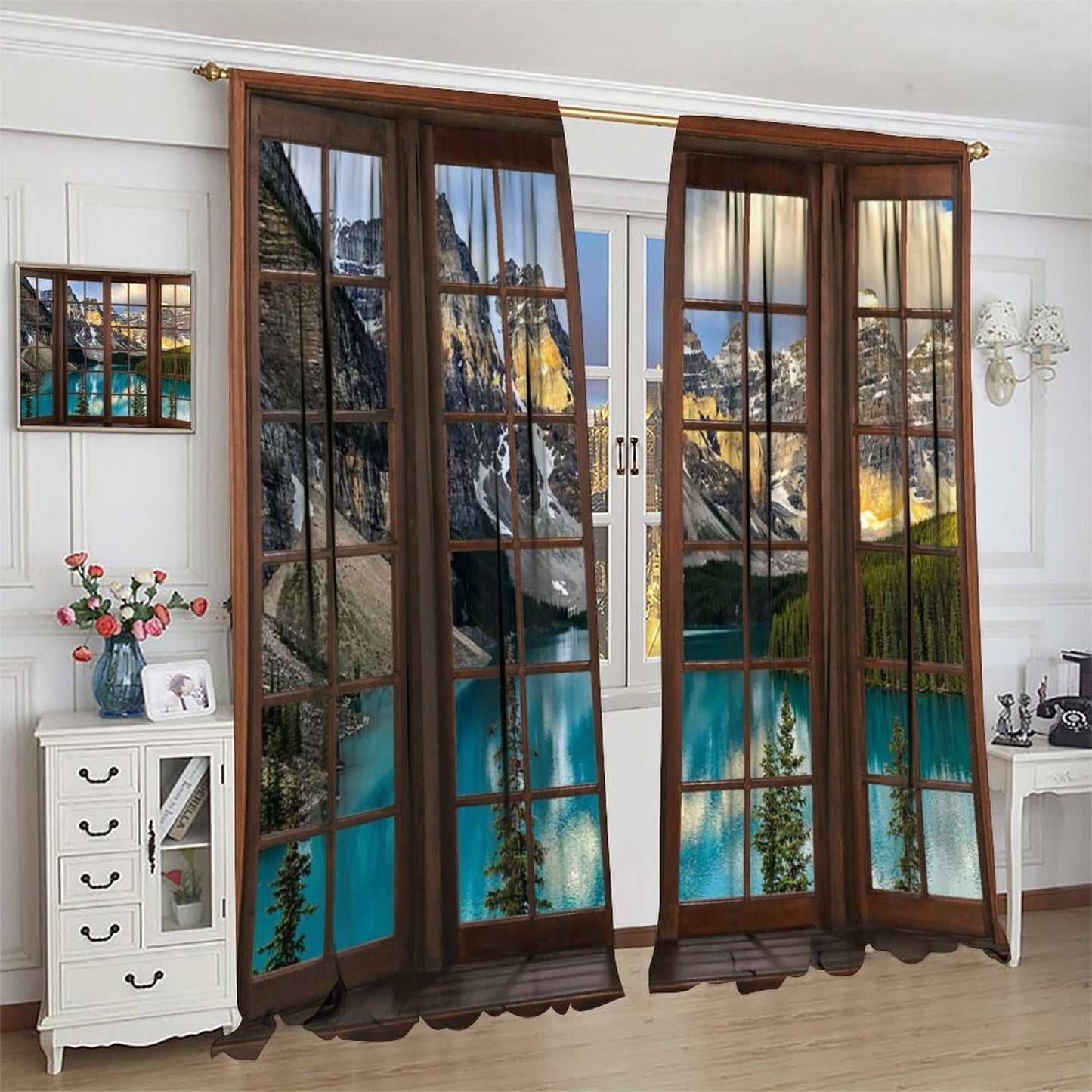 Nanacur 3D Window Lake View Curtains, Nature Landscape Spring Forest Mountains Rod Pocket Window Treatment for Living Bedroom Office Cafe Kitchen Drapes 41" W X 45" L (No Blackout)
