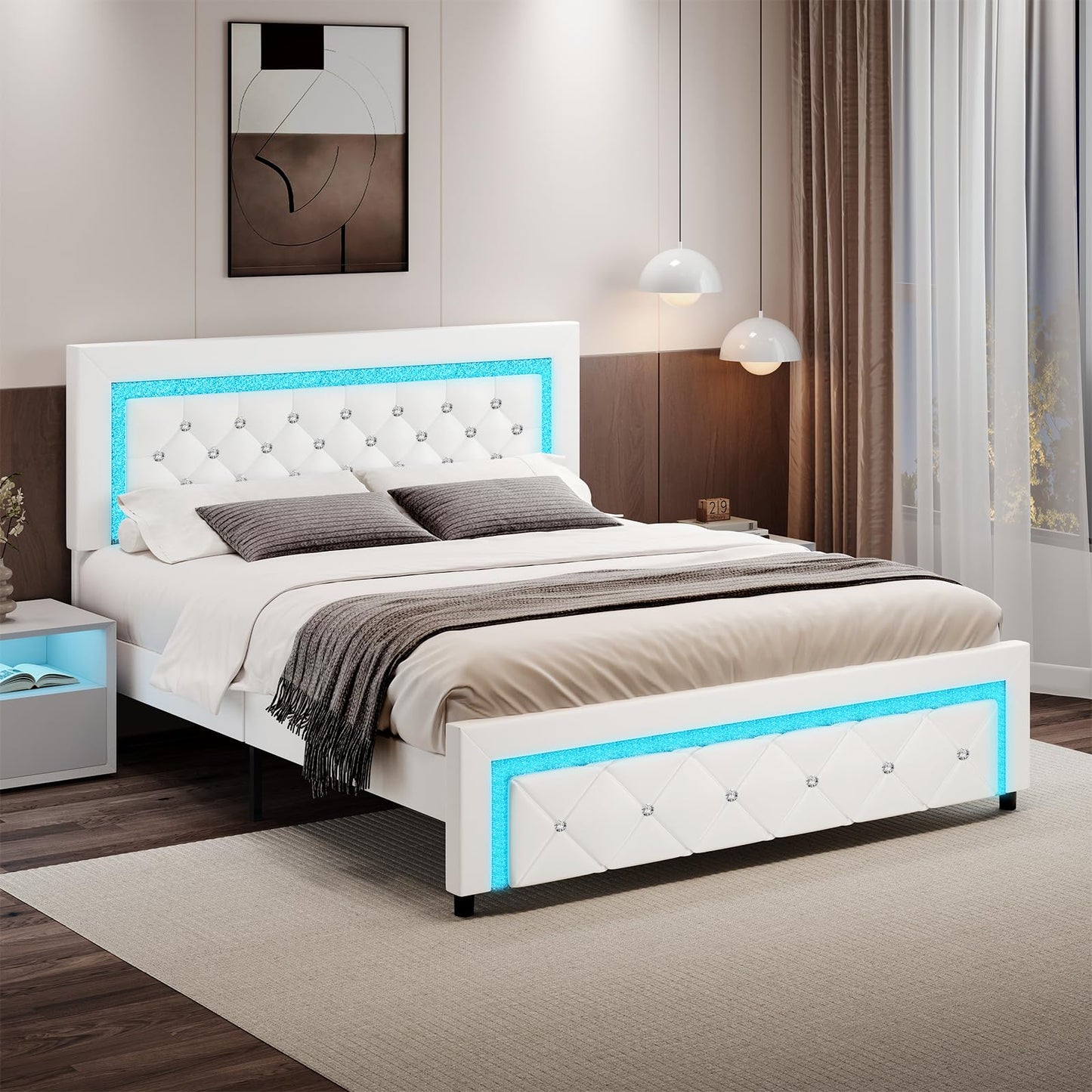 Full Bed Frame with LED Lights, Upholstered Platform Bed with Diamond Tufted Headboard, No Box Spring Needed, Noise Free, Easy Assembly, White