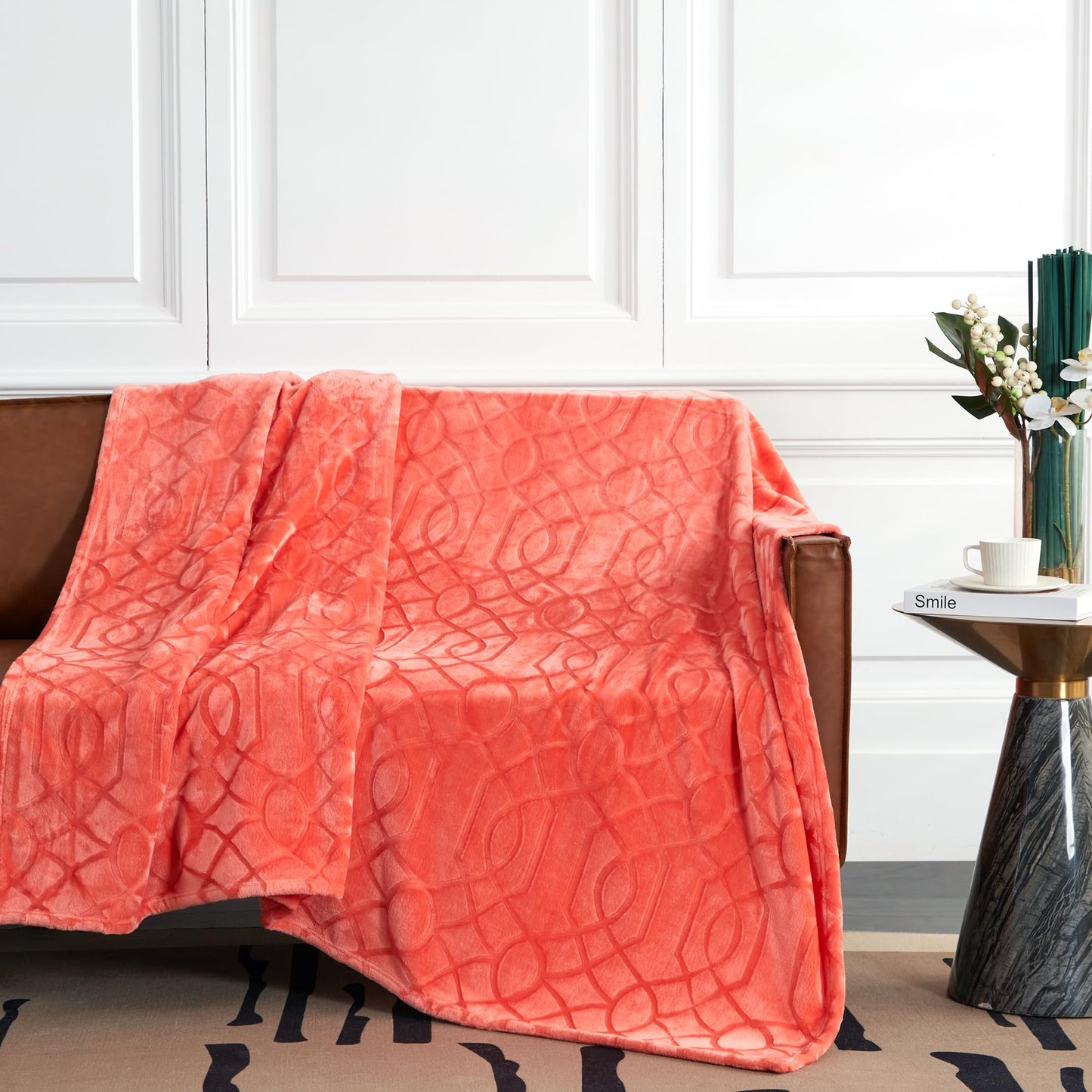 Serenhom Soft Cozy Fleece Twin Blanket, 60x80 Inches – Lightweight Plush Blanket for Couch, Fuzzy 3D Jacquard Design, for Sofa, Bed & Travel - Coral