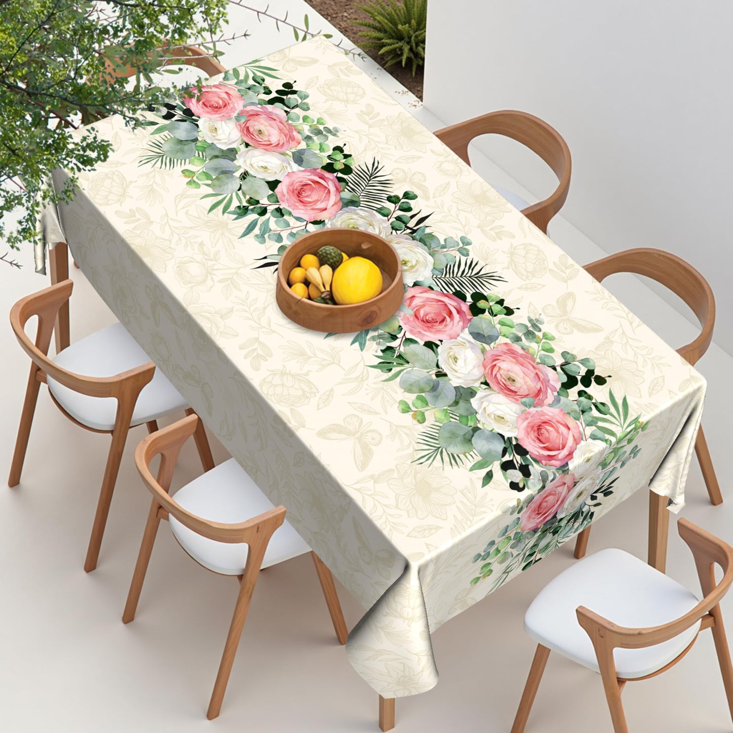 Kwlegh Spring Summer Tablecloth 60x84 Inch Rectangular Pink White Rose Flower Table Cover Green Eucalyptus Leaves Reusable Washable Tablecloths for Dining Decor Party Picnic Indoor Outdoor