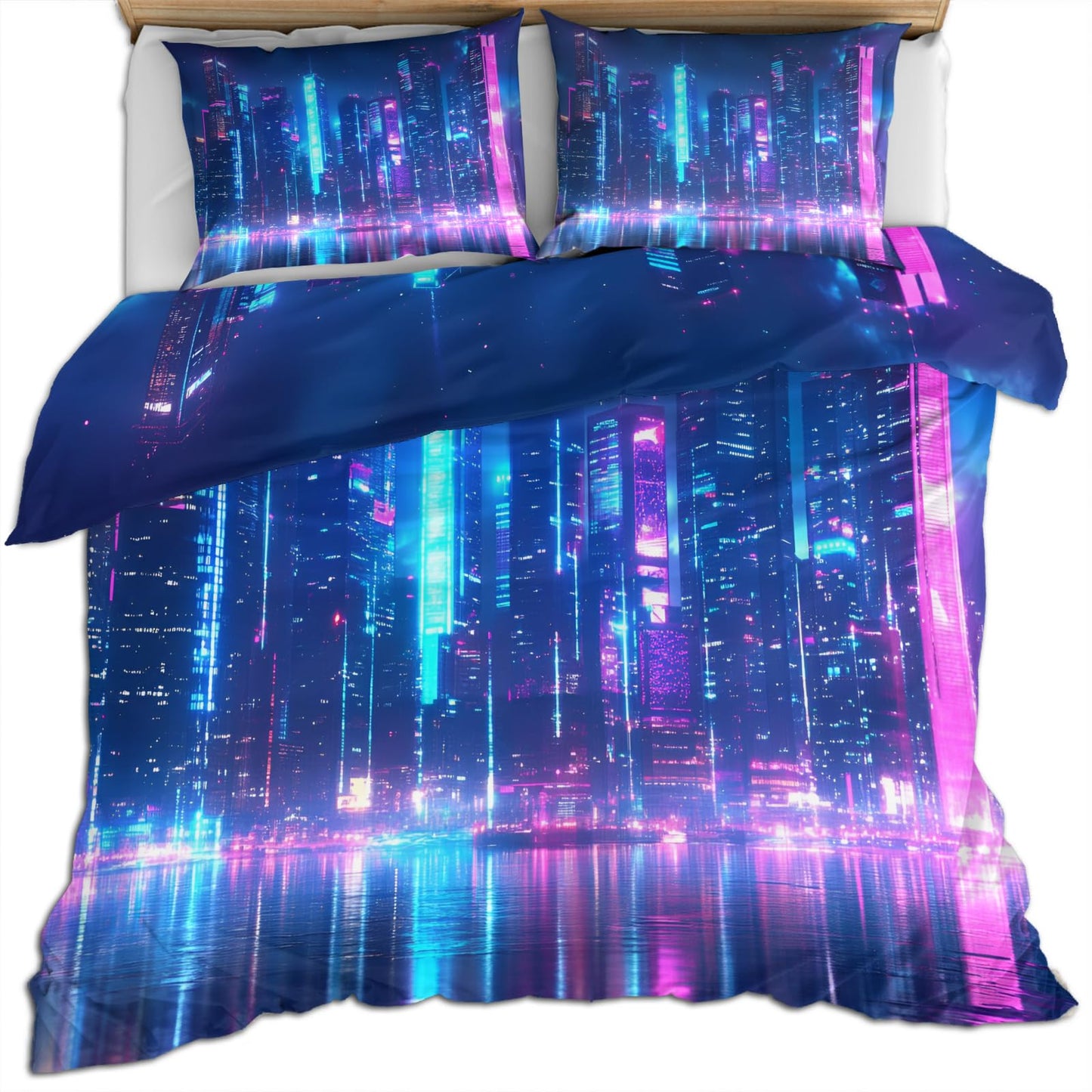 PAISUOQ Cityscape Duvet Cover King, Neon City Comforter Cover with Zipper Ties, Sci-Fi Futuristic Bedding Set, 3 Pieces with 2 Pillow Cases, Home Decor & Gifts