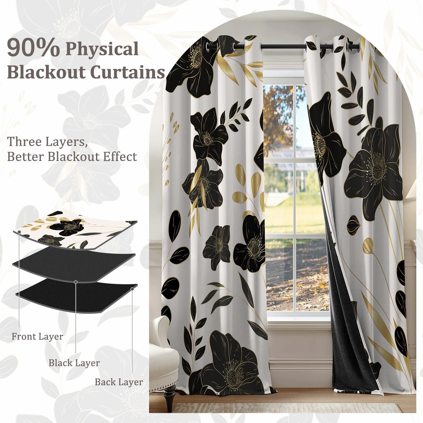 Yanutan Black Flower Flower Blackout Curtains for Bedroom/Living Room,2 Panels Sets Window Curtain,Gold Black Floral Thermal Insulated Printed Curtains with Grommet,42" Wx84 L