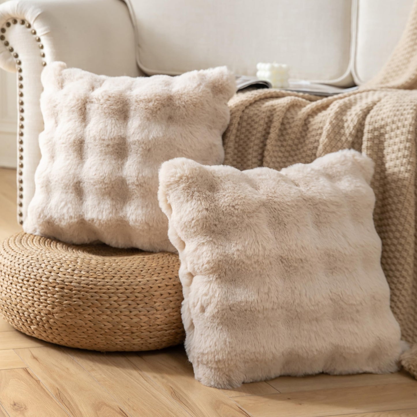 Joyouth Pack of 2 Thick Plush Throw Pillow Covers Fluffy Wave Faux Fur Decorative Cushion Covers Soft Wool Pillowcase for Sofa Couch Livingroom 16x16 Inch Beige