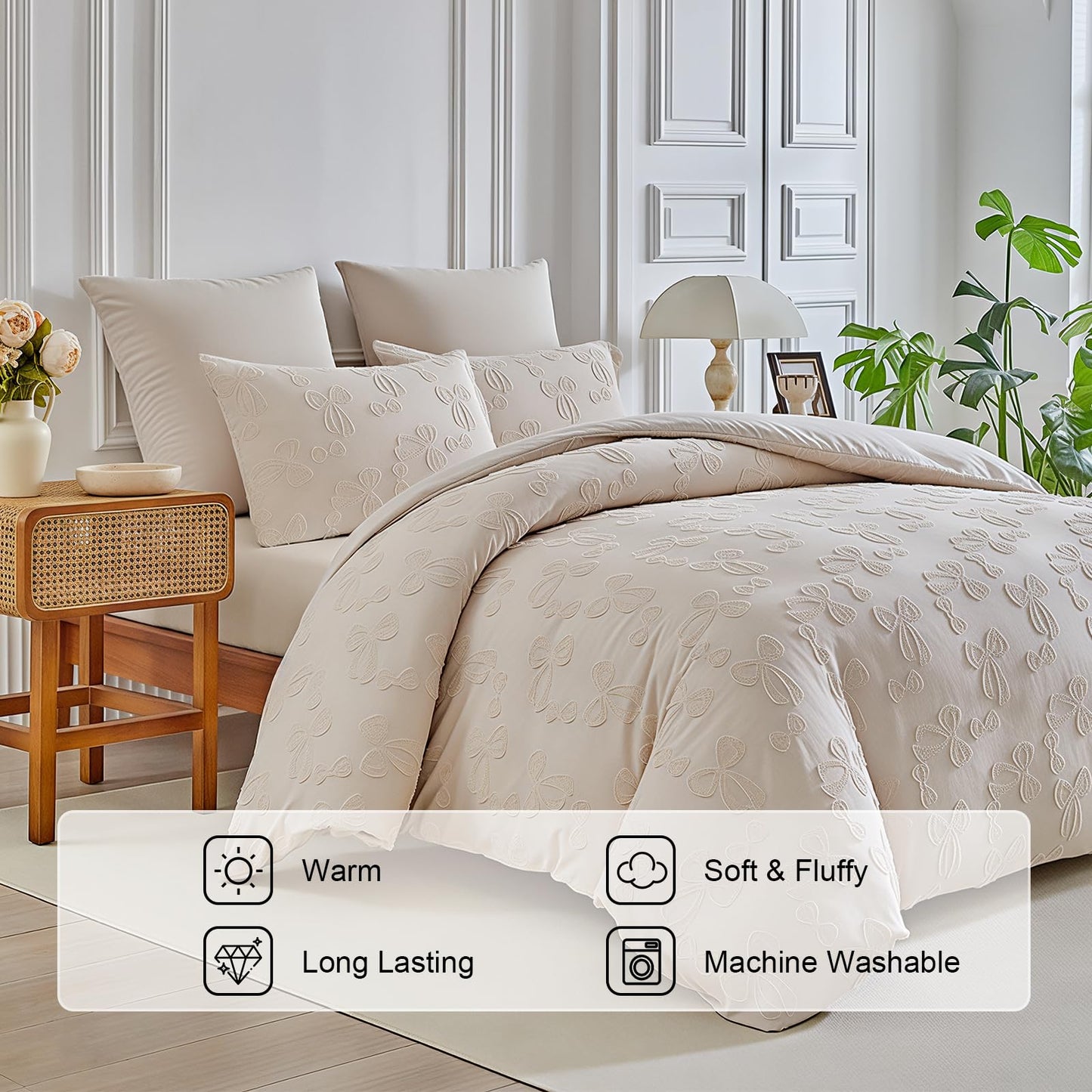 Jameswish 7 Pieces Bow Comforter Set for Girls Khaki Tufted Boho Bedding Set Queen Size Farmhouse Bed in A Bag as Gifts (1 Comforter, 1 Flat Sheet, 1 Fitted Sheet, 2 Pillowcase and 2 Pillow Sham)