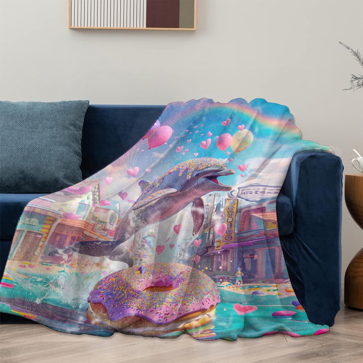 Mounidso Donut Dolphins Flannel Blanket, Dolphin Theme Gifts for Women, Soft Warm Lightweight Ocean Blankets for Living Room, Home, Sofa, Travel Decor 50" x 60"