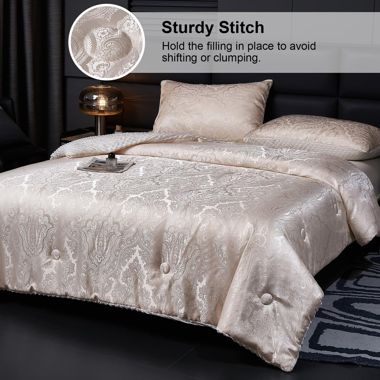 tohrisa Jacquard Comforter Set - Luxury Warm Paisley Floral Pattern King Size Bedding with 2 Pillowcases All-Season Soft & Lightweight 3D Bubble Design Bed Set (104x90 Inches Rose Gold)