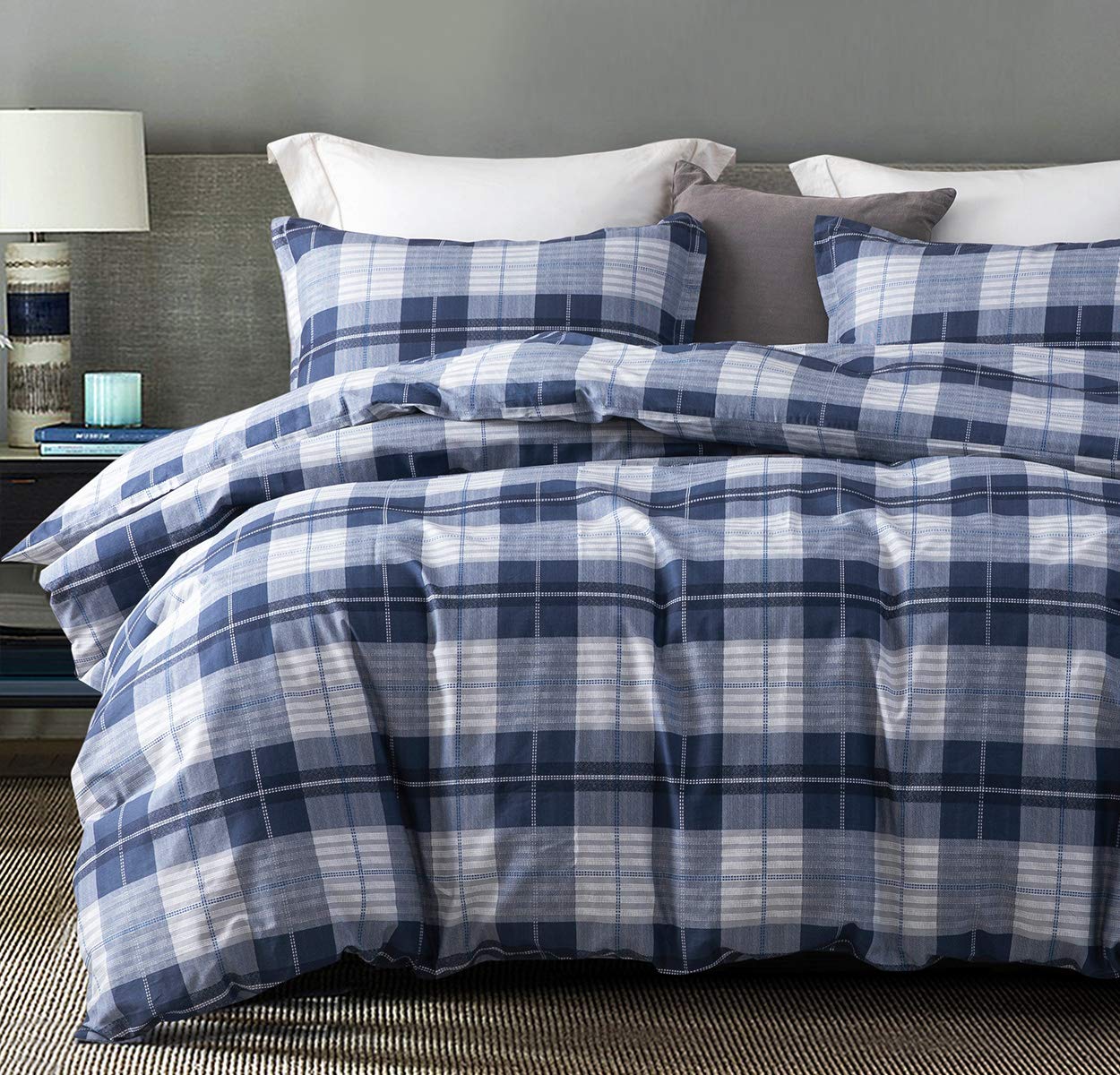 SLEEPBELLA Comforter King Size, 600 Thread Count Cotton Navy Blue & Grey Buffalo Pattern Blue Plaid Comforter Sets,Down Alternative Bedding Set 3Pcs (King, Navy Plaid)