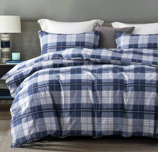 SLEEPBELLA Comforter Queen Size, 600 Thread Count Cotton Navy Blue & Grey Buffalo Pattern Blue Plaid Comforter Sets,Down Alternative Bedding Set 3Pcs (Queen, Navy Plaid)