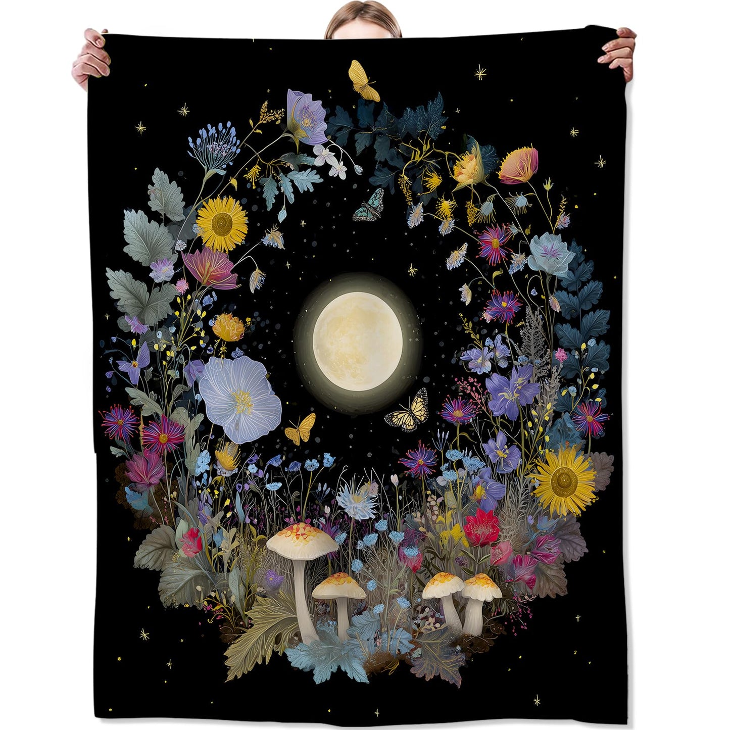 Zeleda Moon Blanket, Gifts for Flower and Nature Lovers, Lightweight Flannel Throw Blankets, Floral Wreath with Mushroom and Butterfly Night Throws Home Decor, for Couch Living Room Office, 60x50inch