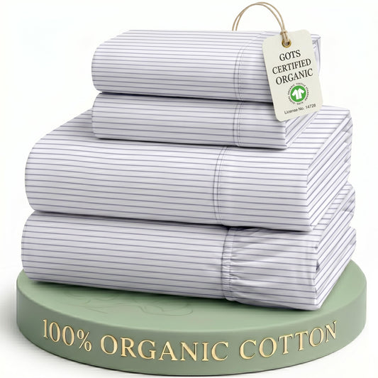 LANE LINEN 100% Organic Cotton Sheet Sets Queen Size, 4Pc Queen Size Cotton Sheets, Hotel Style Sheets, Bedding Sheets & Pillowcases, Queen Sheet Sets Deep Pockets Fits Upto 15" - Blue Ticking Stripe